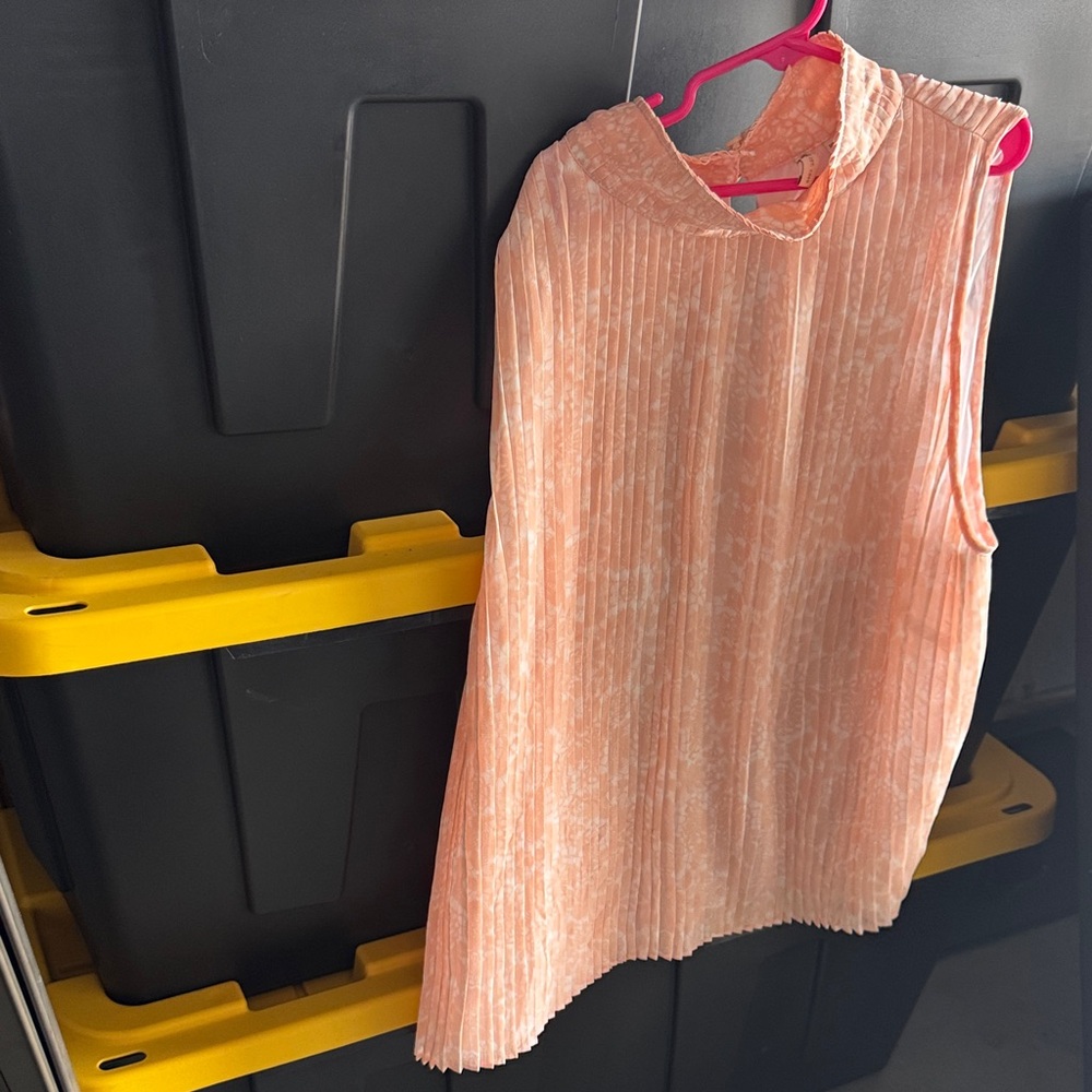Cato Pink and White Pleated Sleeveless Blouse with Mandarin Collar